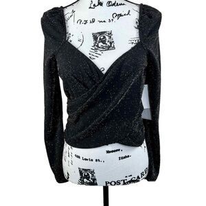 1 state black glitter print  top Cropped Textured Wrap Top long sleeve size M